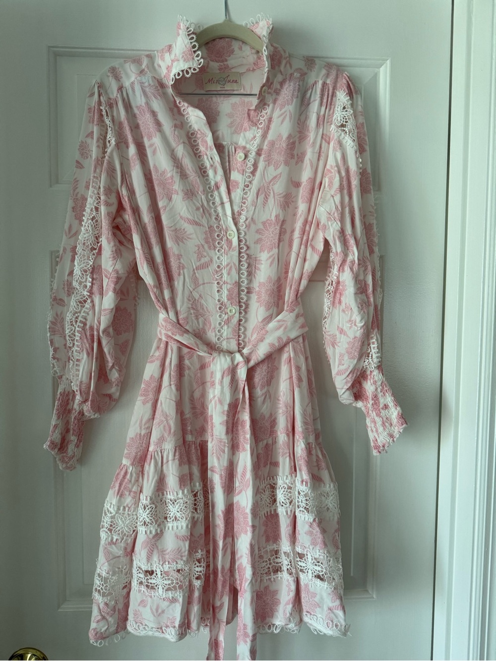 Miss June Paris  Pink Floral Lace-Trim Mini Dress with Self-Tie Waist